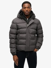 Superdry Grey Marl Hooded Tweed Sports Puffer Jacket - Image 1 of 6