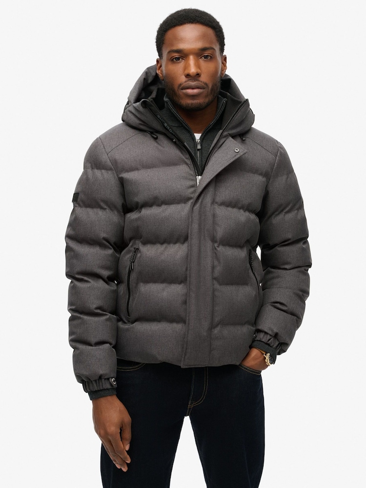 Superdry Grey Marl Hooded Tweed Sports Puffer Jacket - Image 1 of 6
