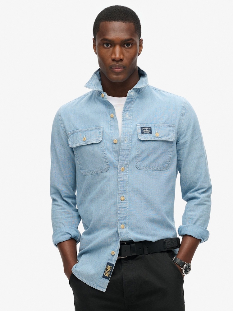 Jasnoniebieski - Superdry 100% Cotton Workwear Long Sleeve Shirt - Image 1 of 5