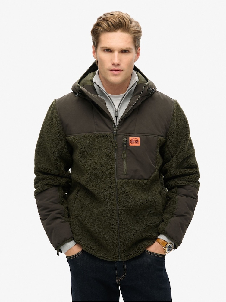 Superdry Olive Green Hood Expedition Borg Hybrid Jacket - Image 2 of 6