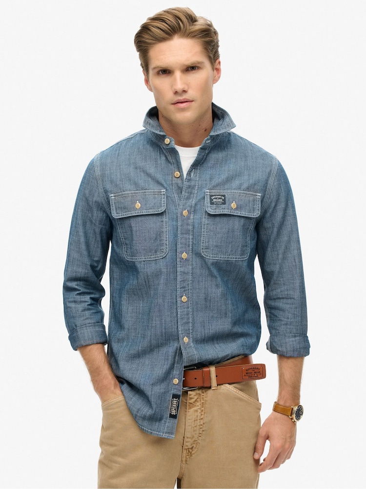Superdry Mid Blue 100% Cotton Workwear Long Sleeve Shirt - Image 1 of 5