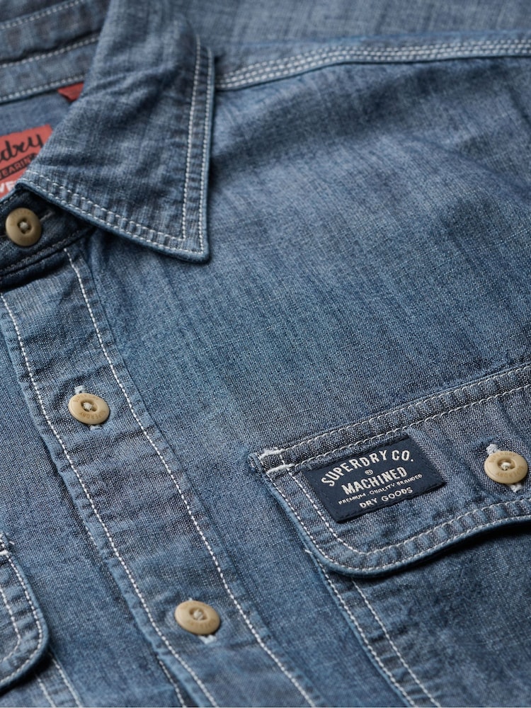 Superdry Mid Blue 100% Cotton Workwear Long Sleeve Shirt - Image 5 of 5