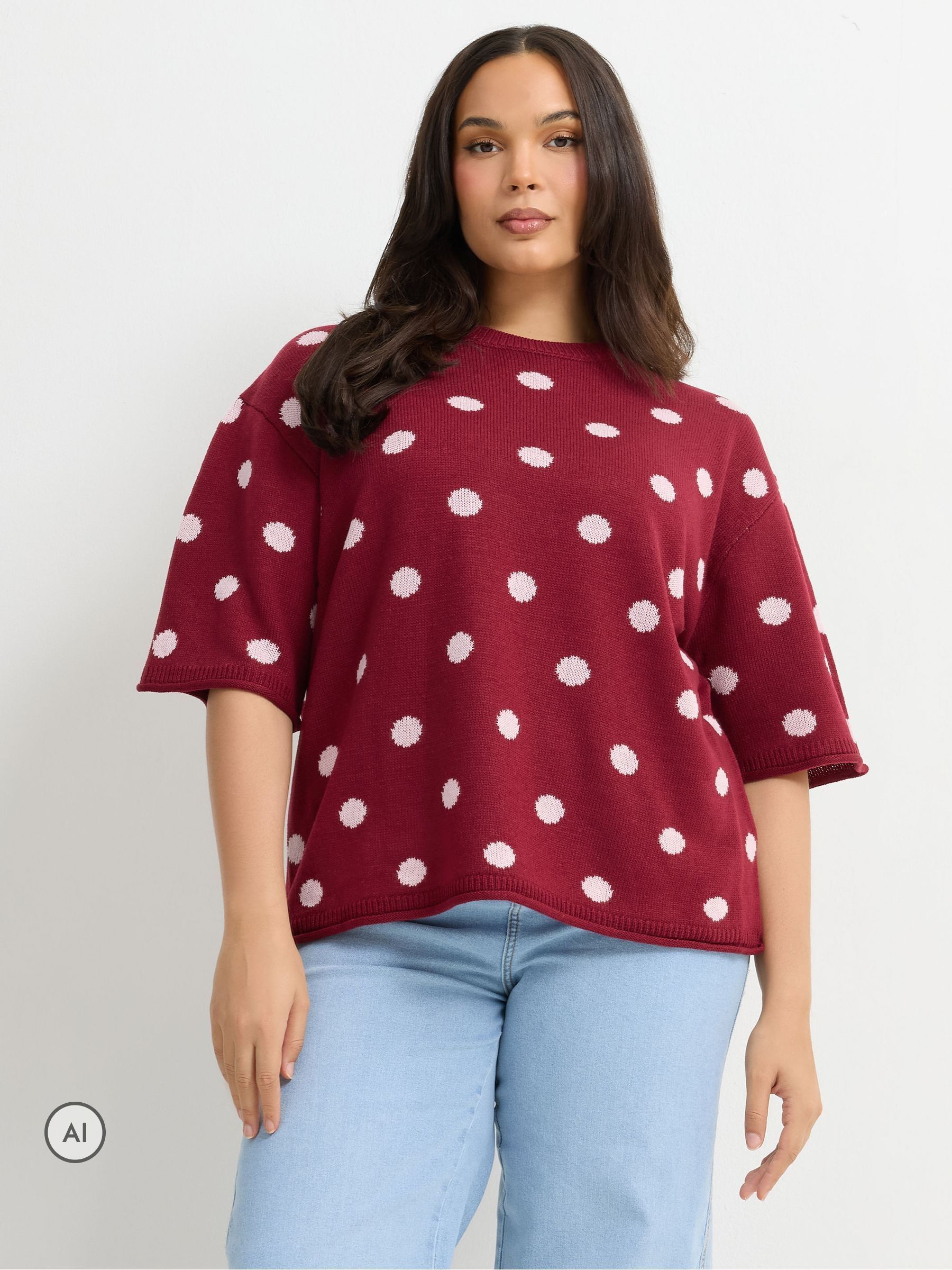 Yours Women's Burgundy Polka Dot Knitted Top In | : 26/28 - Image 2