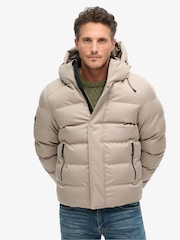 Superdry Beige Marl Hooded Tweed Sports Puffer Jacket - Image 1 of 6