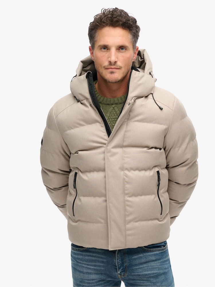 Superdry Beige Marl Hooded Tweed Sports Puffer Jacket - Image 1 of 6