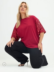 Yours Curve Red Limited Sequin Sleeve Cotton T-Shirt - Image 1 of 6
