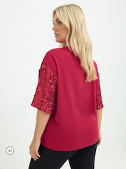 Yours Curve Red Limited Sequin Sleeve Cotton T-Shirt - Image 3 of 6