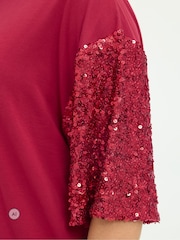 Yours Curve Red Limited Sequin Sleeve Cotton T-Shirt - Image 4 of 6