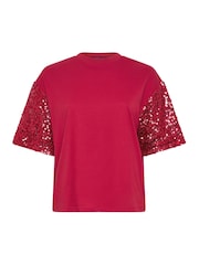 Yours Curve Red Limited Sequin Sleeve Cotton T-Shirt - Image 5 of 6