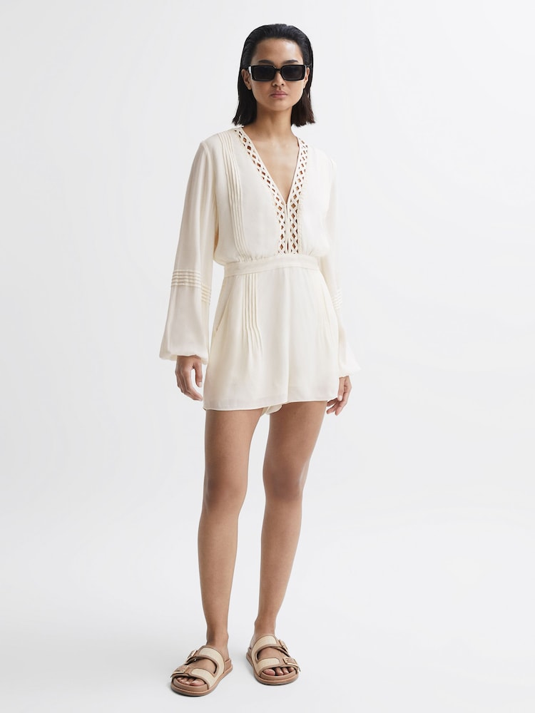 Reiss Cream Rachelle Long Sleeve Lattice Playsuit - Image 1 of 5