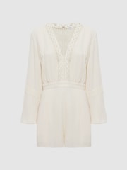 Reiss Cream Rachelle Long Sleeve Lattice Playsuit - Image 2 of 5