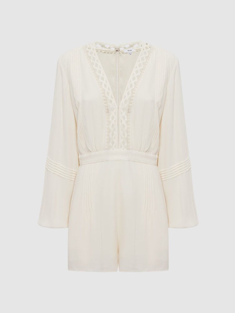 Reiss Cream Rachelle Long Sleeve Lattice Playsuit - Image 2 of 5