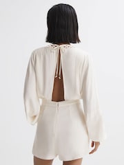 Reiss Cream Rachelle Long Sleeve Lattice Playsuit - Image 3 of 5