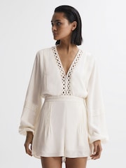 Reiss Cream Rachelle Long Sleeve Lattice Playsuit - Image 4 of 5
