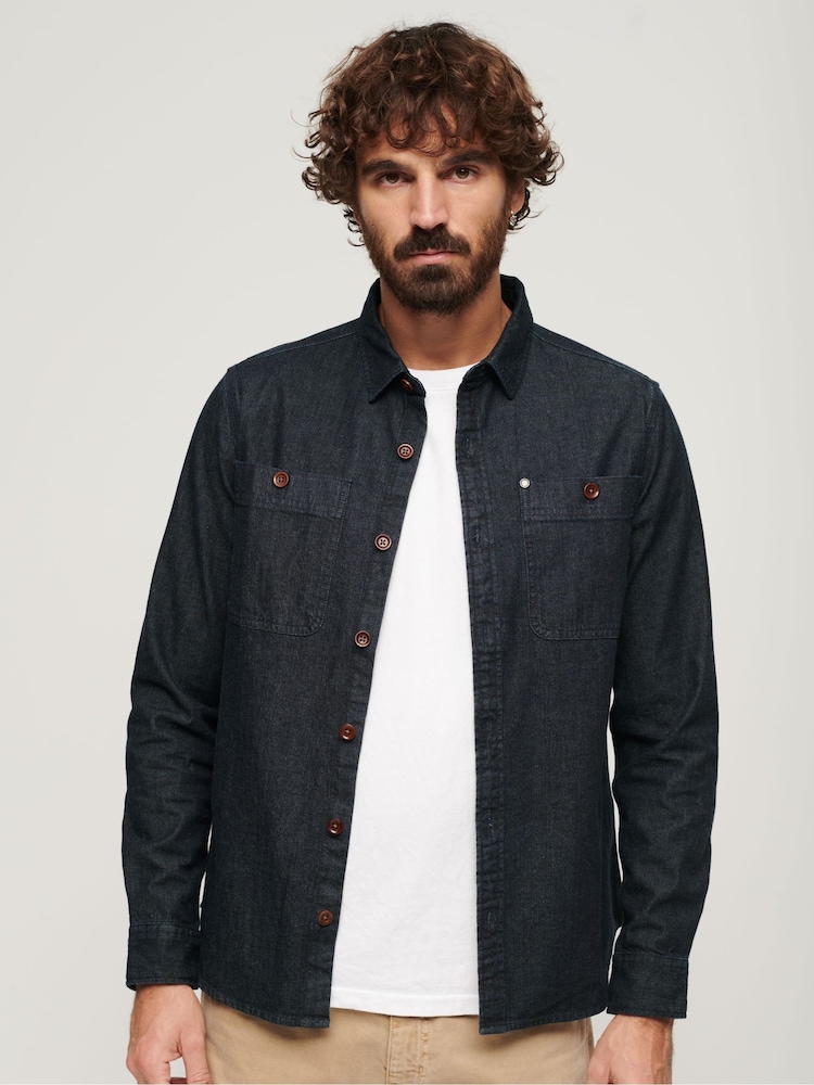 Superdry Blue Merchant Denim 100% Cotton Overshirt - Image 1 of 6 Superdry Blue Merchant Denim 100% Cotton Overshirt - Image 1 of 6