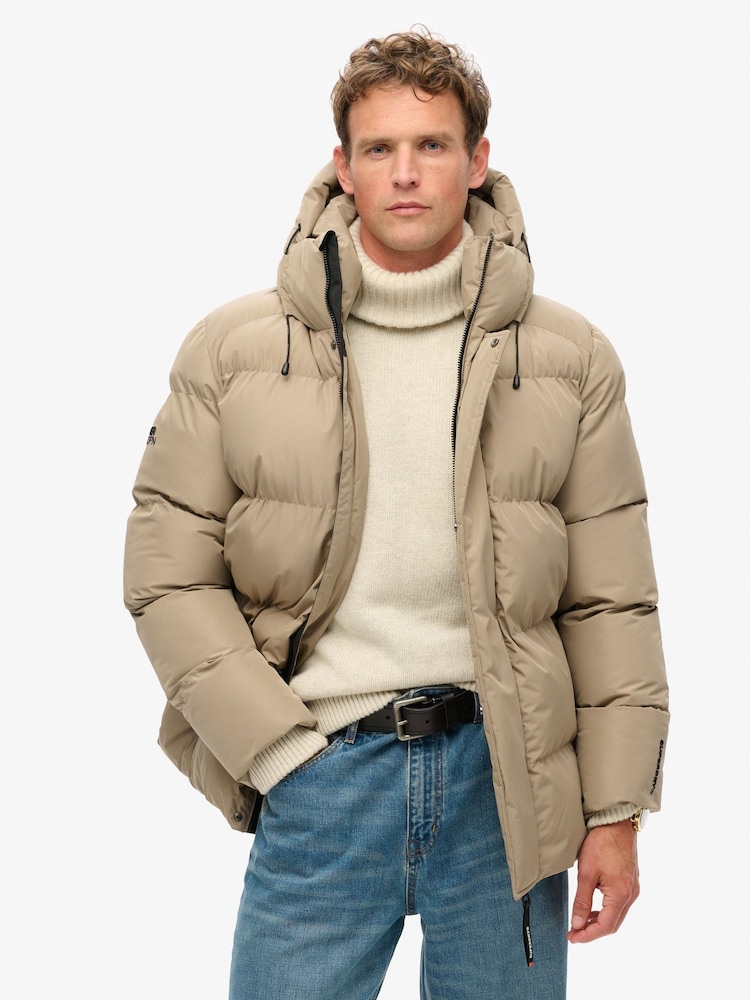 Superdry Timber Wolf Brown Hooded 5 Baffle Sports Puffer Jacket - Image 1 of 5