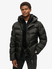 Superdry Black Hooded City Graphic Puffer Jacket - Image 1 of 5