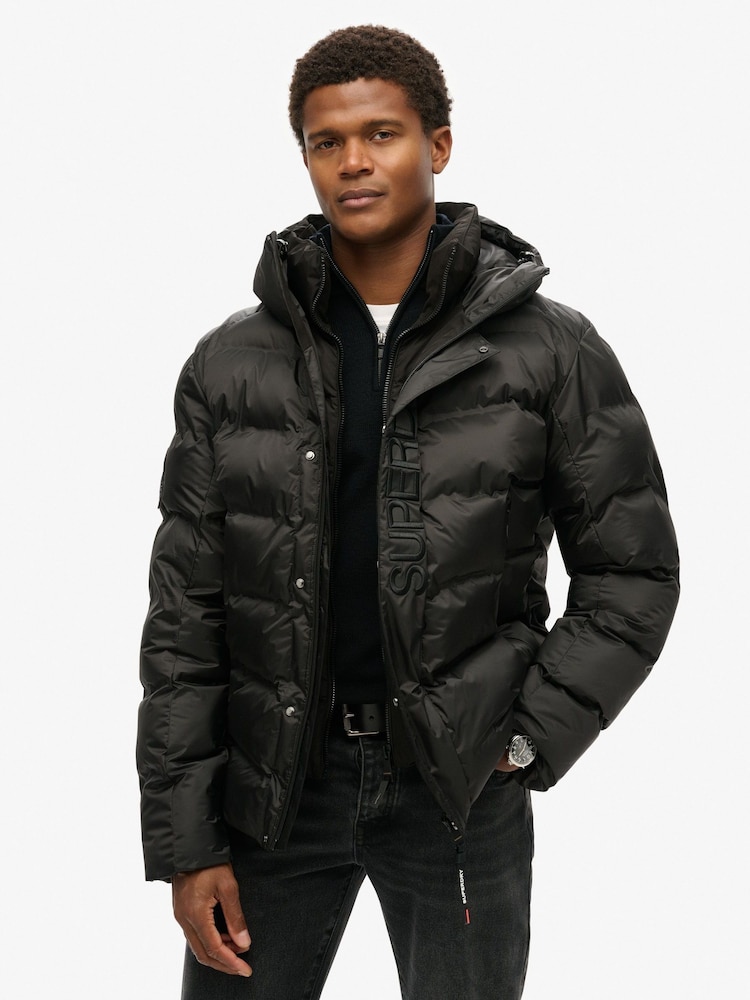 Superdry Black Hooded City Graphic Puffer Jacket - Image 1 of 5