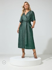 Yours Curve Green London Metallic Wrap Dress - Image 1 of 6