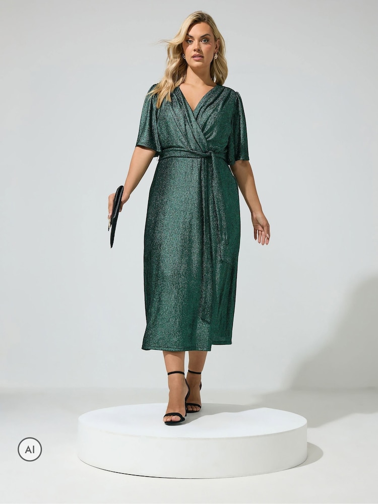 Yours Curve Green London Metallic Wrap Dress - Image 2 of 6 Yours Curve Green London Metallic Wrap Dress - Image 2 of 6