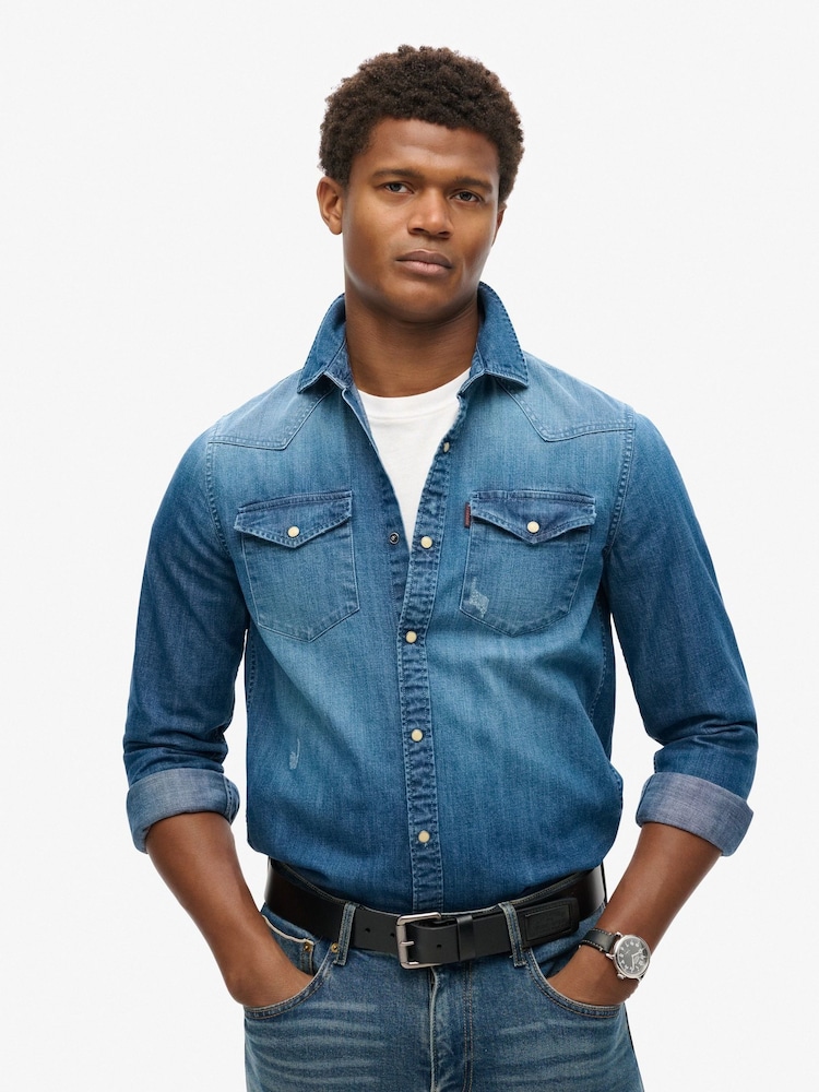 Superdry Blue 100% Cotton Vintage Western Shirt - Image 1 of 4