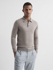 Reiss Wheat Melange Trafford Merino Wool Polo Shirt - Image 1 of 6