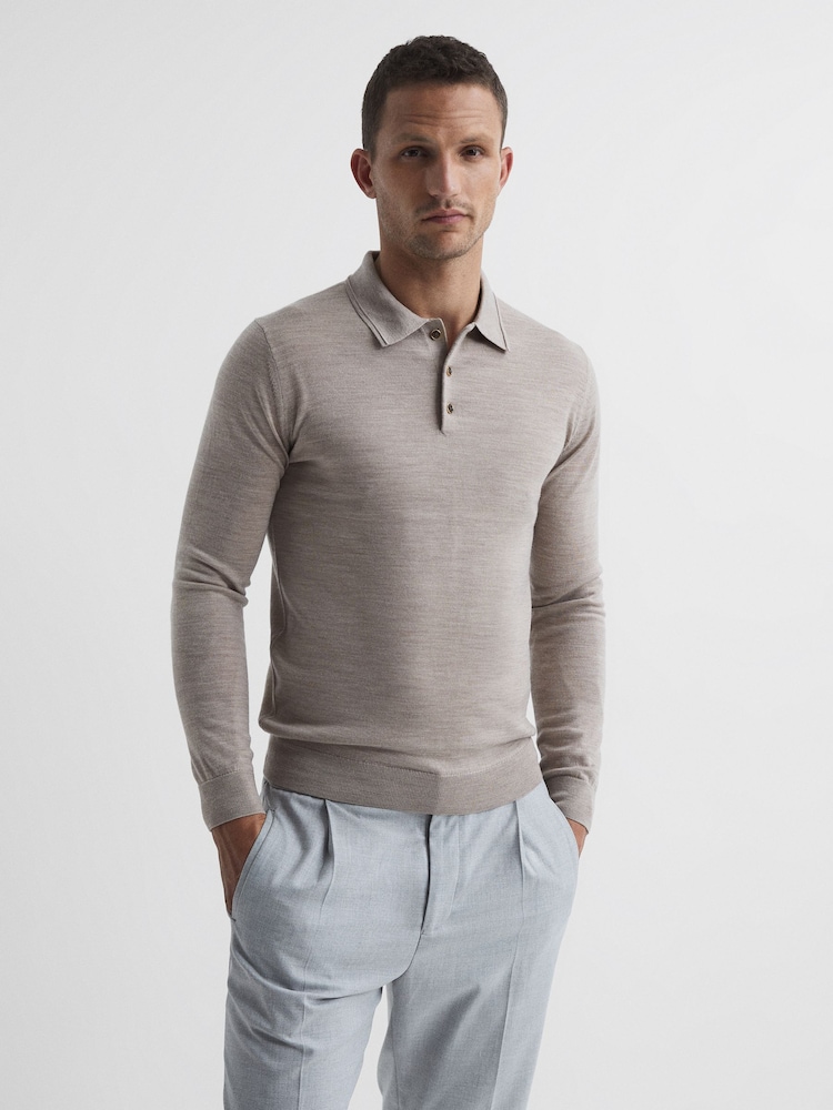 Reiss Wheat Melange Trafford Merino Wool Polo Shirt - Image 1 of 6
