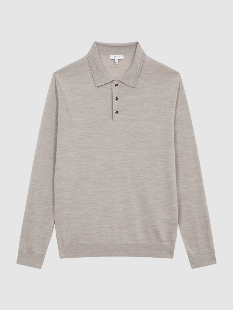 Reiss Wheat Melange Trafford Merino Wool Polo Shirt - Image 2 of 6