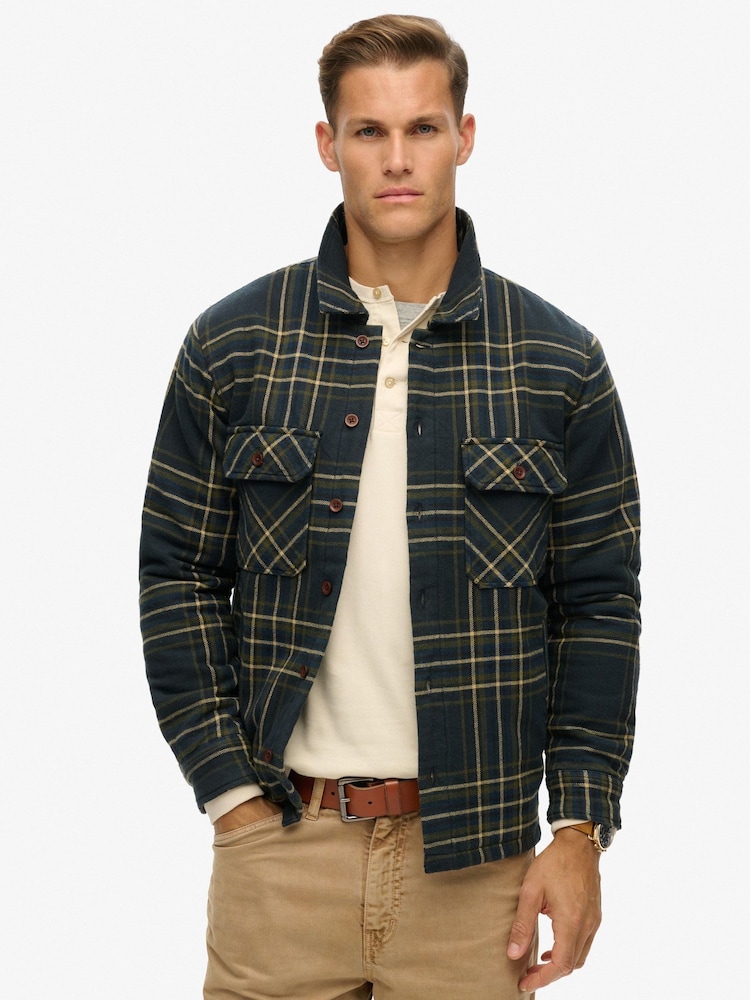Superdry Navy Check Surplus Check 100% Cotton Quilt Overshirt - Image 1 of 6