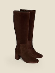 Sosandar Brown Stretch Suede Low Block Heel Knee High Boots - Image 4 of 5