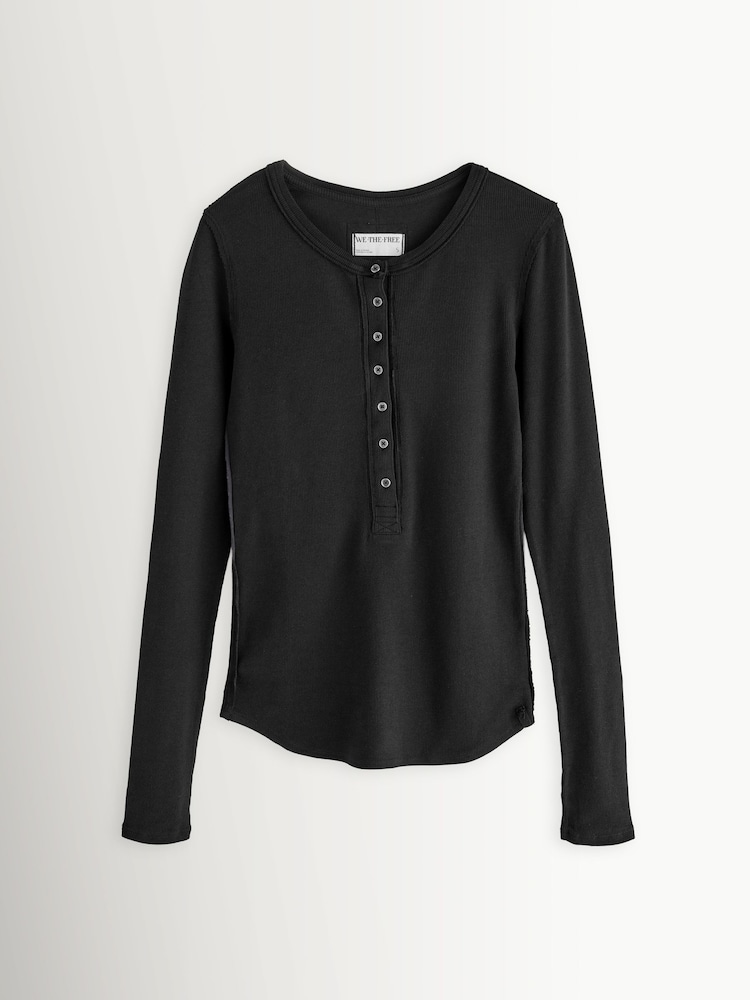 Free People Black Jamie Long Sleeve Henley T-Shirt - Image 1 of 4 Free People Black Jamie Long Sleeve Henley T-Shirt - Image 1 of 4