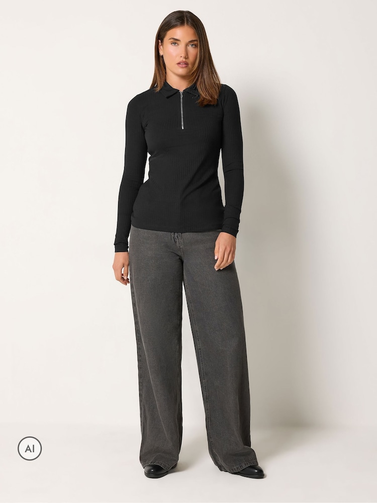 Long Tall Sally Black Quarter Zip Ribbed Top - Image 2 of 6 Long Tall Sally Black Quarter Zip Ribbed Top - Image 2 of 6