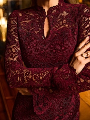 Sosandar Red Velvet & Lace Mandarin Collar Dress - Image 4 of 5