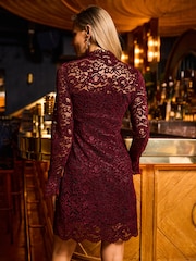 Sosandar Red Velvet & Lace Mandarin Collar Dress - Image 5 of 5