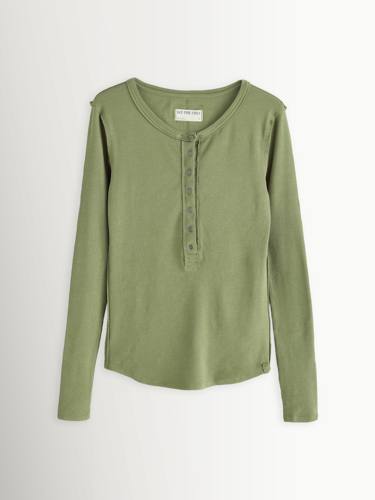Free People Green Jamie Long Sleeve Henley T-Shirt - Image 1 of 4 Free People Green Jamie Long Sleeve Henley T-Shirt - Image 1 of 4