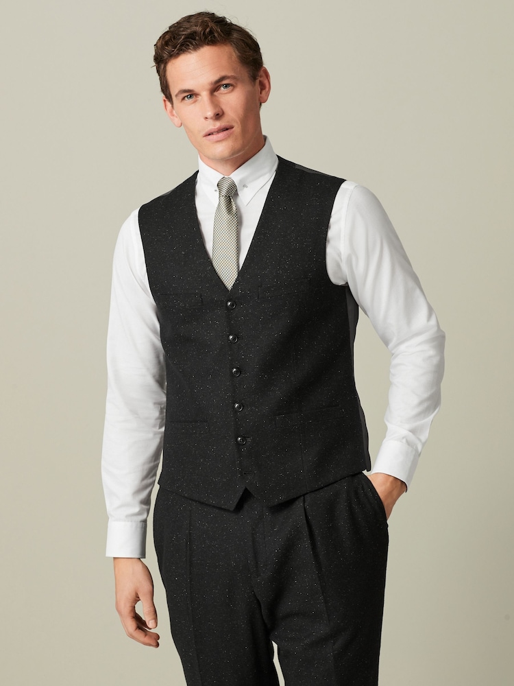 Black Regular Fit Nova Fides Italian Fabric Textured Waistcoat - Image 1 of 10