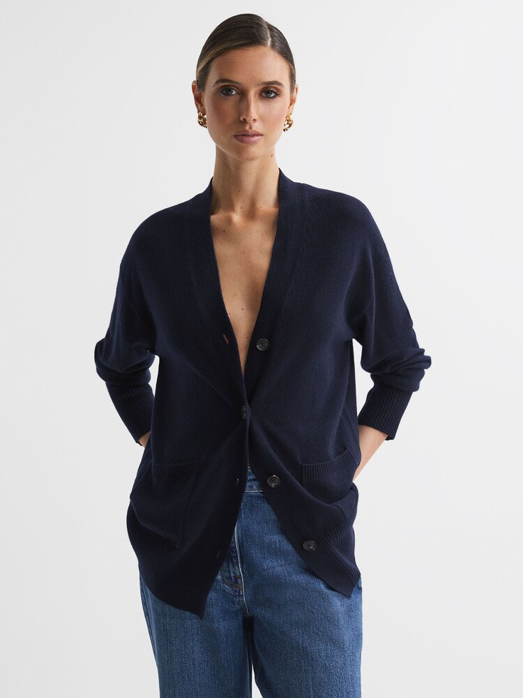 Reiss Navy Carly Wool Blend Button-Through Cardigan - Image 1 of 5