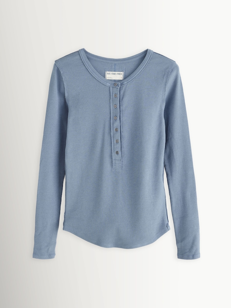 Free People Blue Jamie Long Sleeve Henley T-Shirt - Image 1 of 4 Free People Blue Jamie Long Sleeve Henley T-Shirt - Image 1 of 4