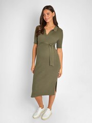 JoJo Maman Bébé Khaki Green Collared Ribbed Knitted Maternity Dress - Image 1 of 4