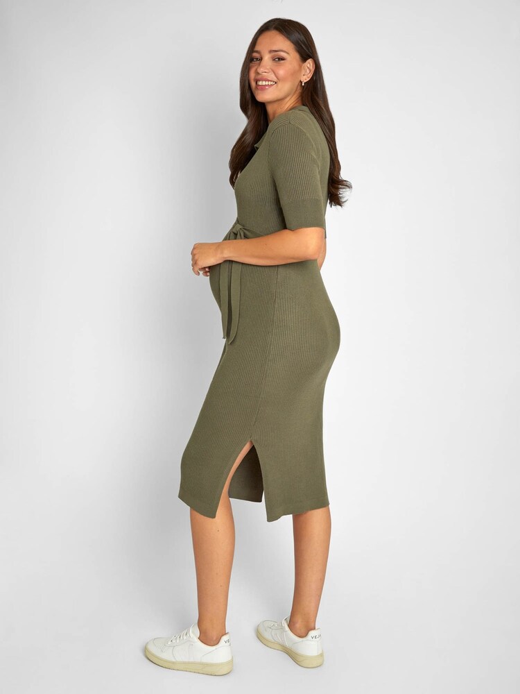 JoJo Maman Bébé Khaki Green Collared Ribbed Knitted Maternity Dress - Image 2 of 4