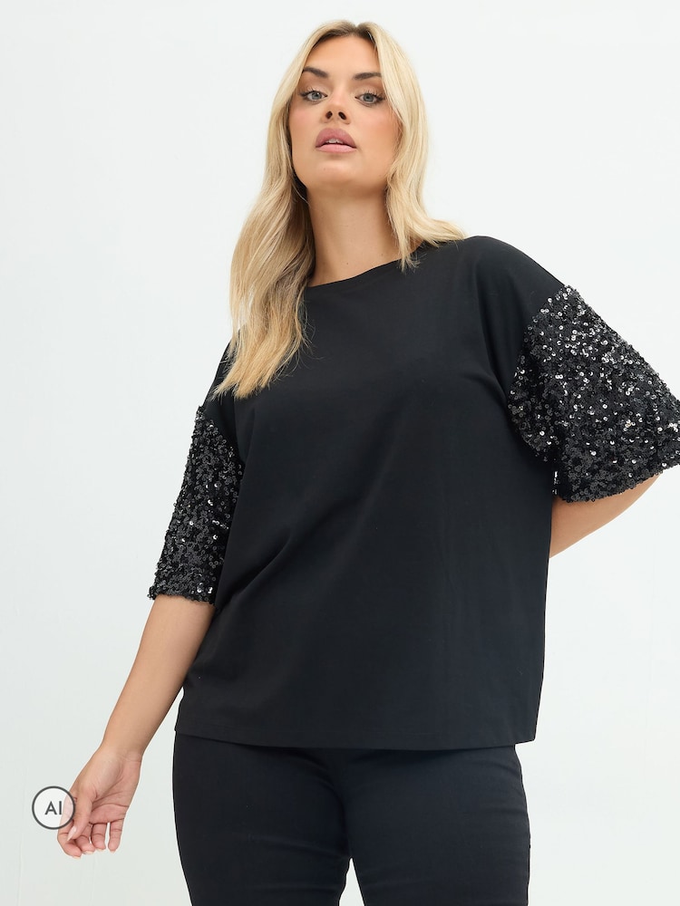 Yours Curve Black Limited Sequin Sleeve Cotton T-Shirt - Image 1 of 6