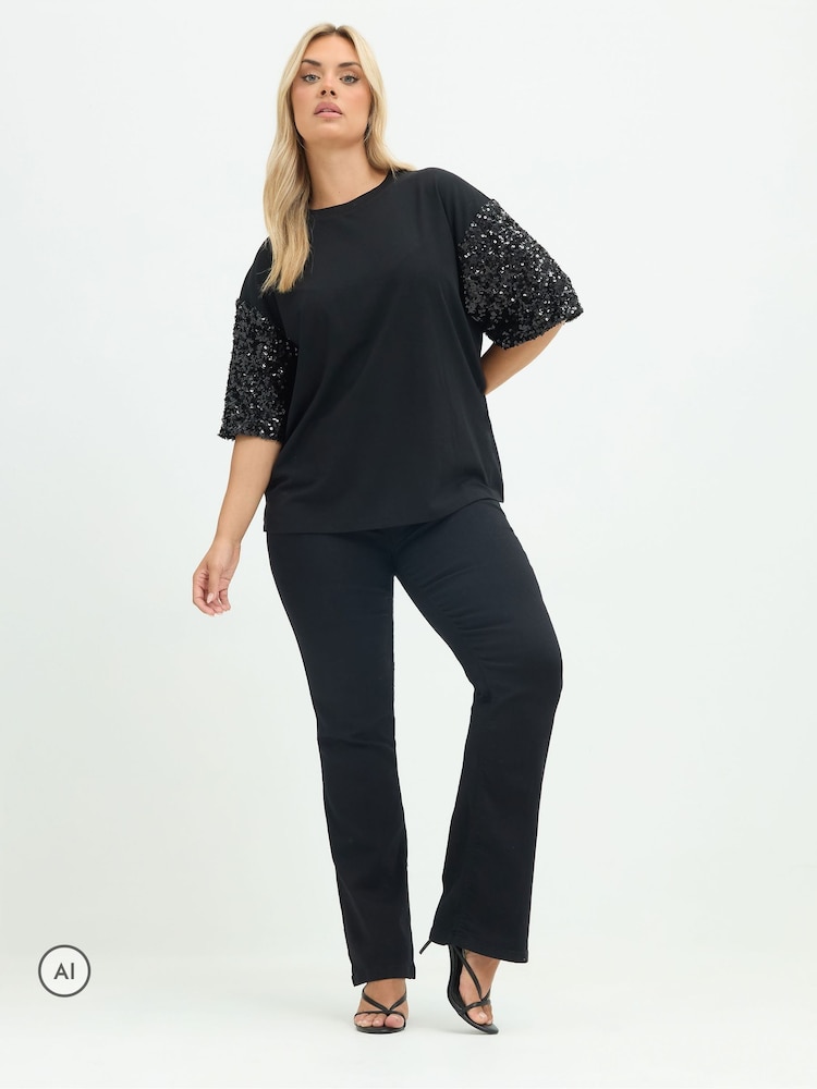 Yours Curve Black Limited Sequin Sleeve Cotton T-Shirt - Image 2 of 6