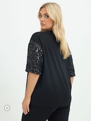 Yours Curve Black Limited Sequin Sleeve Cotton T-Shirt - Image 3 of 6
