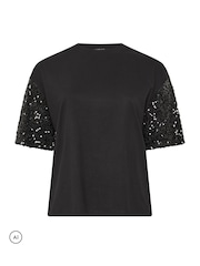Yours Curve Black Limited Sequin Sleeve Cotton T-Shirt - Image 5 of 6