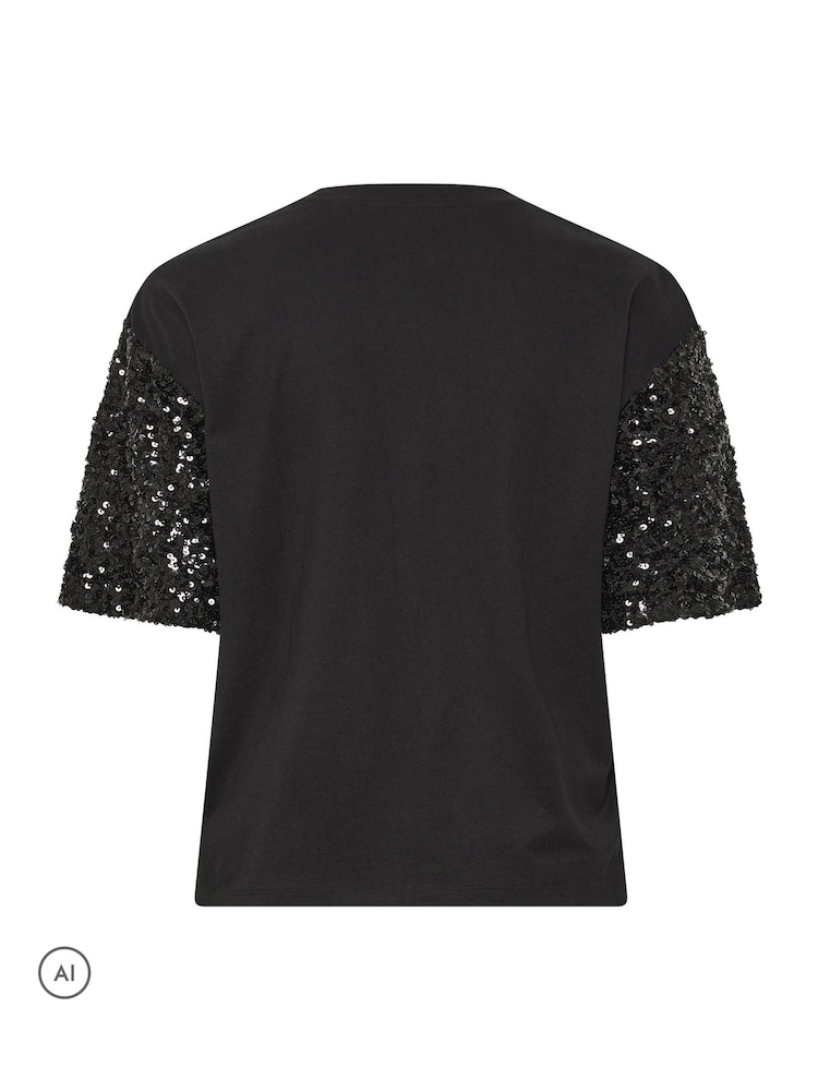 Yours Curve Black Limited Sequin Sleeve Cotton T-Shirt - Image 6 of 6