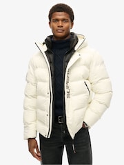 Superdry Off White Hooded City Graphic Puffer Jacket - Image 1 of 5