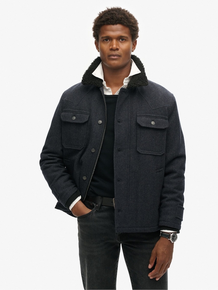 Superdry Navy Herringbone Merchant Wool Chore Jacket - Image 1 of 5