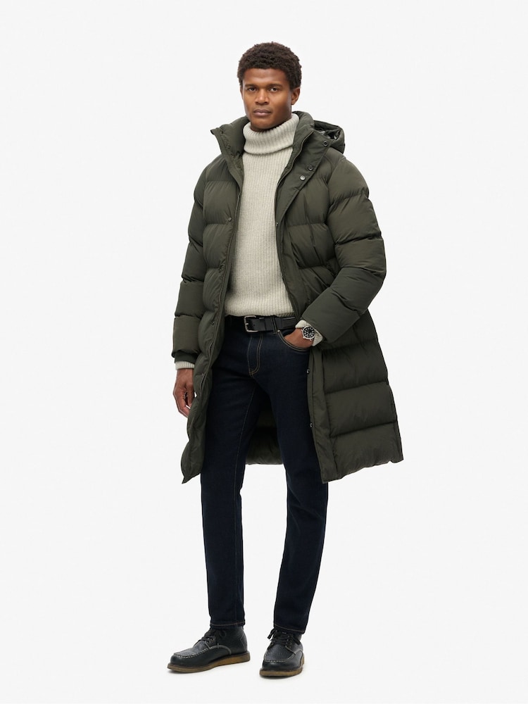 Superdry Olive Green Hooded Longline Puffer Coat - Image 1 of 5