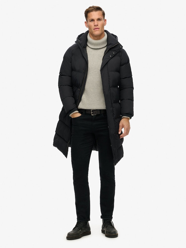 Superdry Black Hooded Longline Puffer Coat - Image 1 of 6