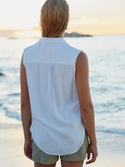 White Sleeveless Ruched Side Linen Blend Shirt - Image 3 of 6